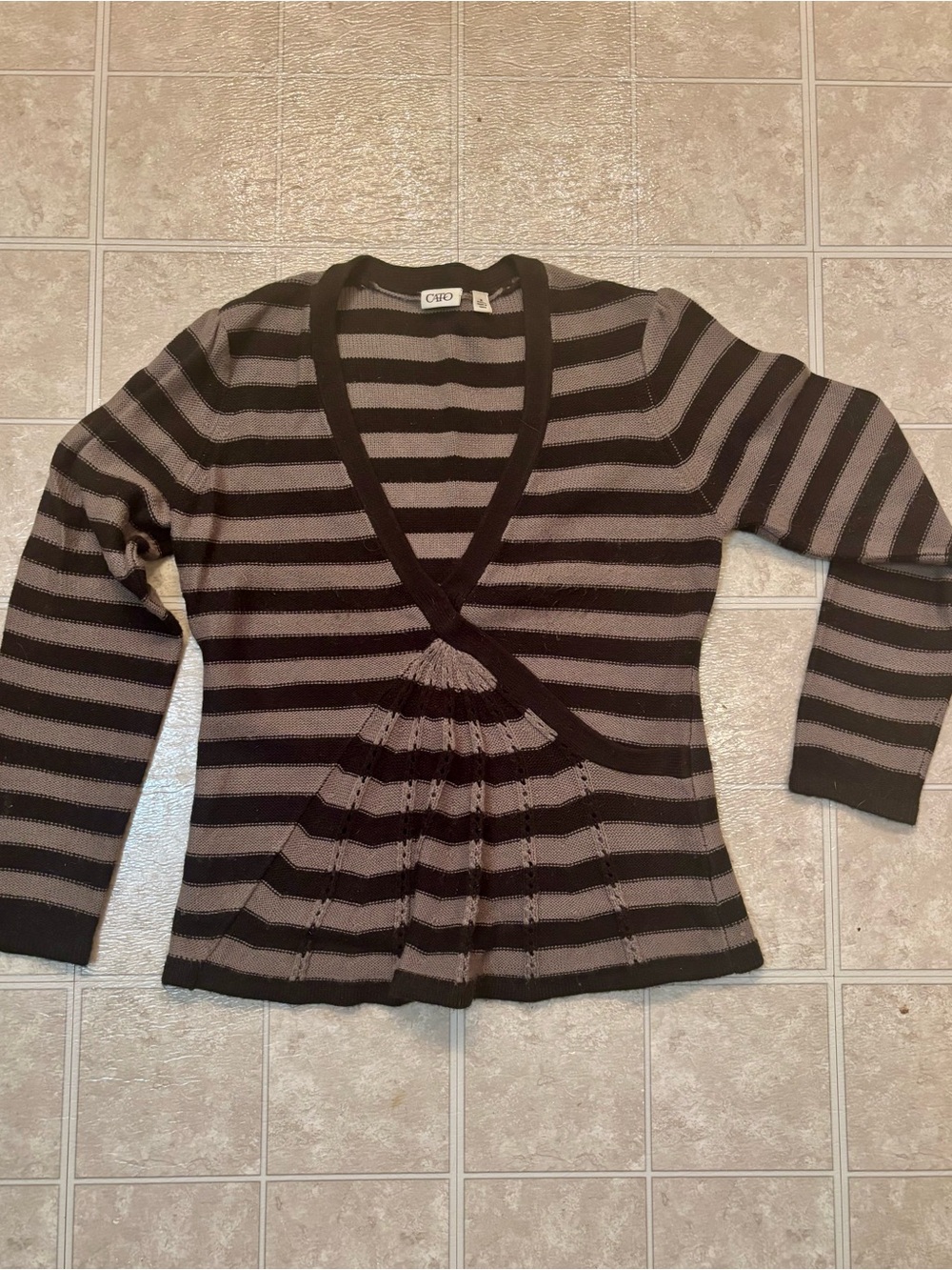 Cato Black and Gray Striped Wrap V-Neck Sweater